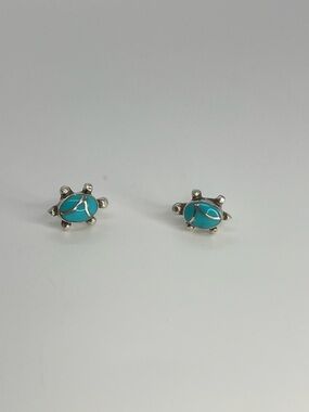 Vtg 925 Sterling Silver Navajo / Zuni Turquoise Inlay Turtle Stud Earrings